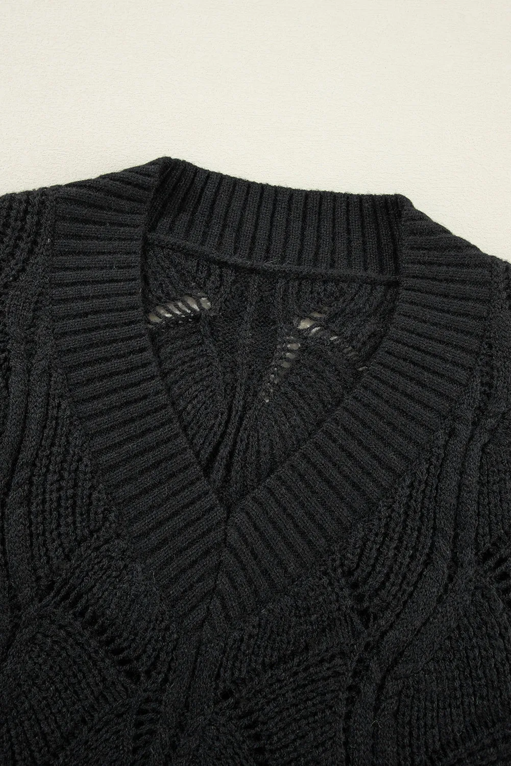 Black Hollow Out Knit V Neck Drop Shoulder Sweater