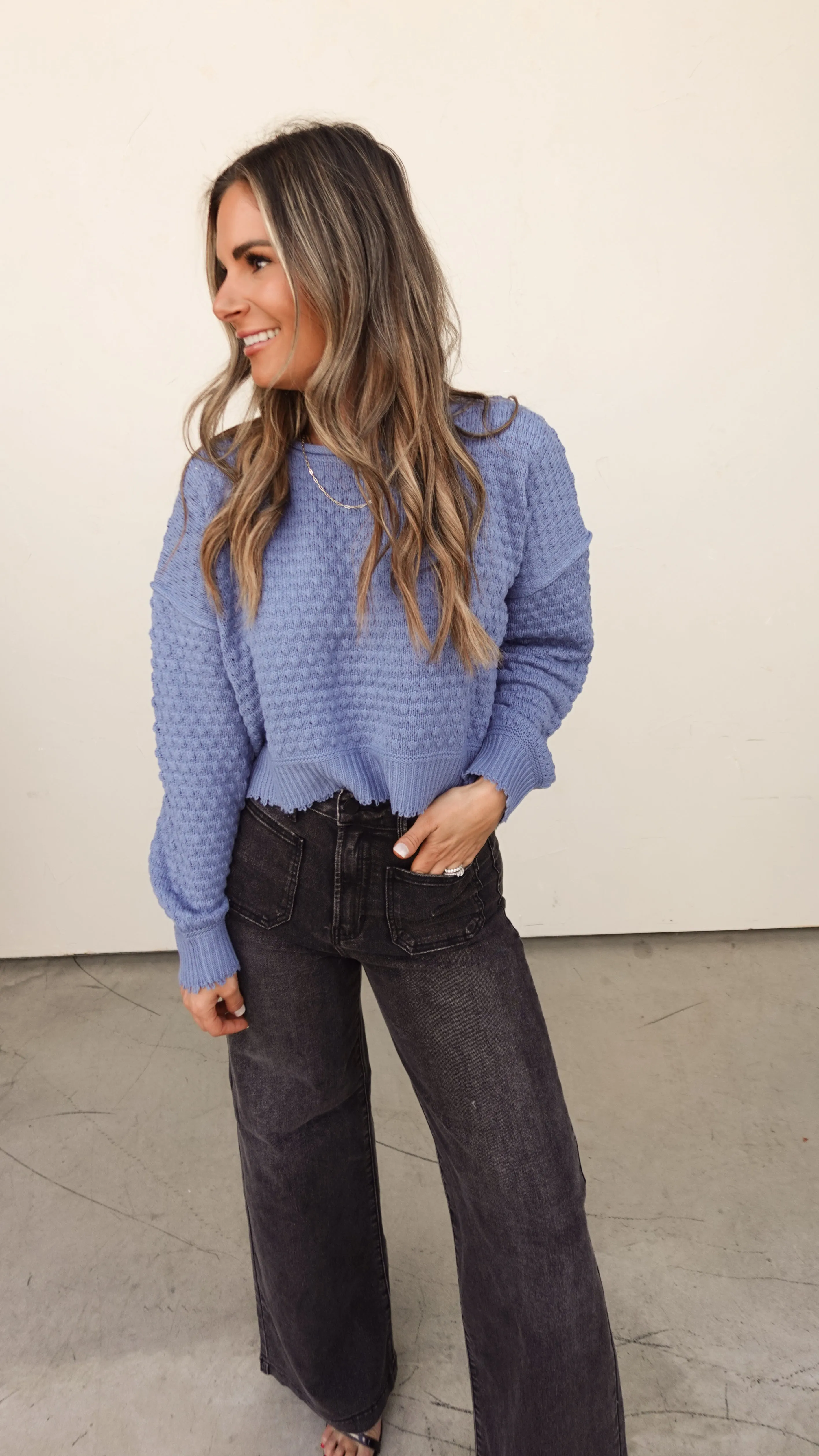 Blue Textured Crewneck Sweater