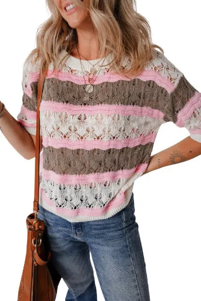 Brown Stripe Color Block Hollow Out Crochet Half Sleeve Sweater