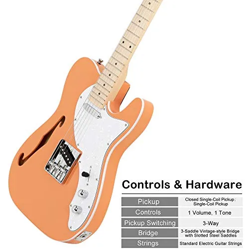 Bysesion Semi-Hollow Electric Guitar F Hole SS Pickups Maple Fingerboard White Pearl Pickguard Orange-red