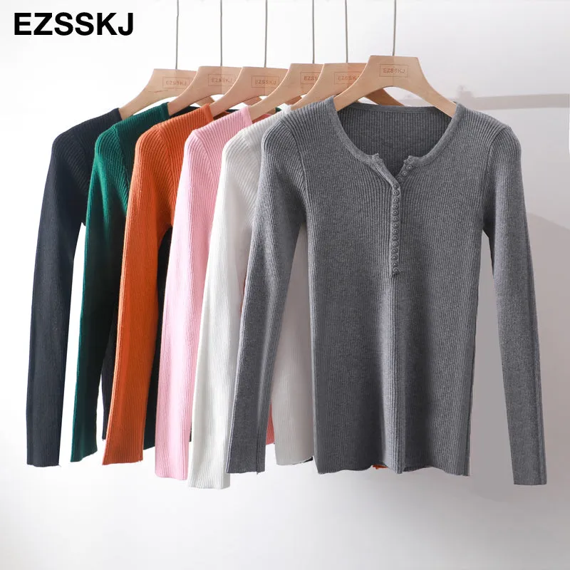 casual Autumn spring Basic Sweater pullovers Women v-neck Solid Knit Slim Pullover female Long Sleeve warm button Sweater