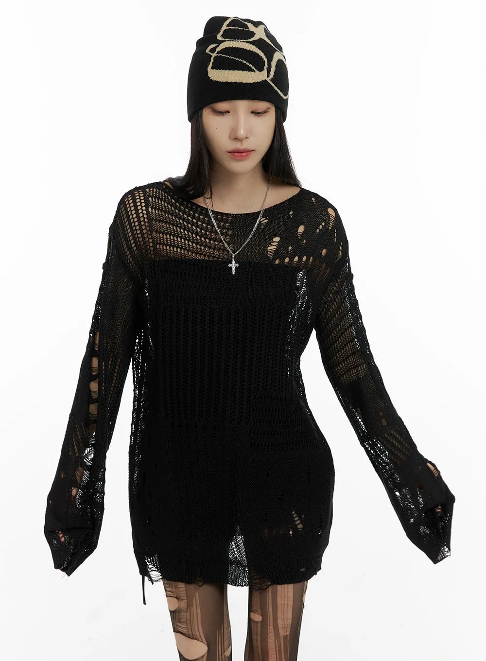 Dark Grunge Damaged Mesh Knit Top CF428