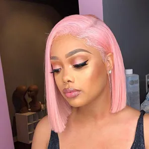 Dorabeauty Short Wigs 8inches Natural Straight Bob Wigs for Black Women 130% Density Lace Front Wigs Human Hair with Natural Hairline (8"inch, Pink)