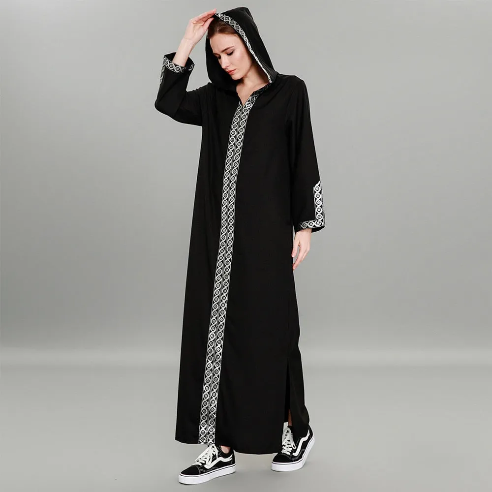 Fashion Women Muslim Dress Plus Size 7XL Black Patchwork Hooded Abaya Dress Sexy Split Turkish Abaya Dubai Hijab Dress