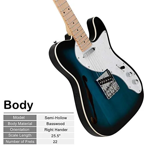 GLARRY 39" GTL Semi Hollow Electric Guitar F Hole Full Size Basswood Body Maple Neck Right Hand with Accessories, Shoulder Strap, Wrench Tool, Power Line and Bag (Dark blue)