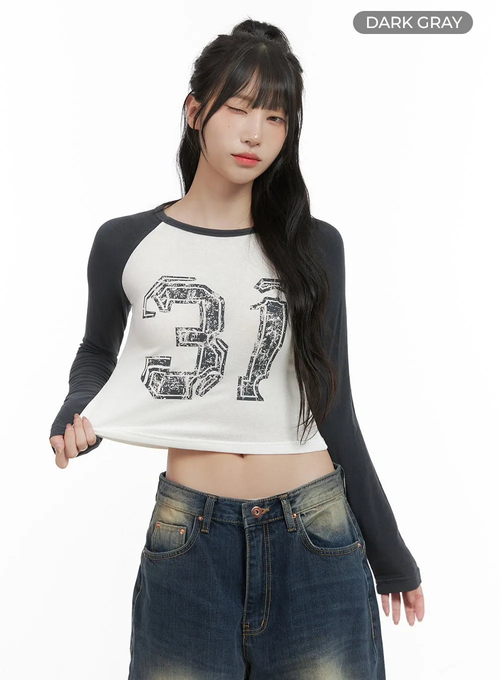 Graphic Raglan Long Sleeve Crop Tee CG421