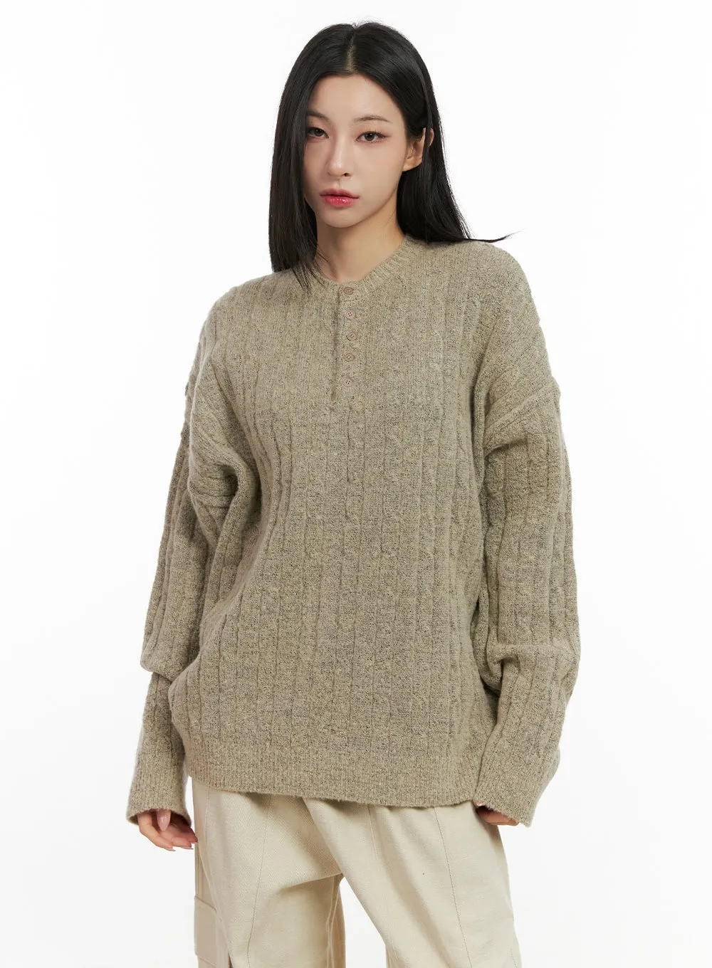 Henley Neck Long Sleeve Sweater CN416