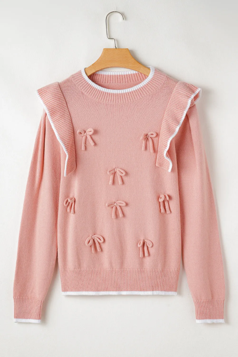 Light Pink Ruffled Bowknot Ribbed Trim Long Sleeve Sweater