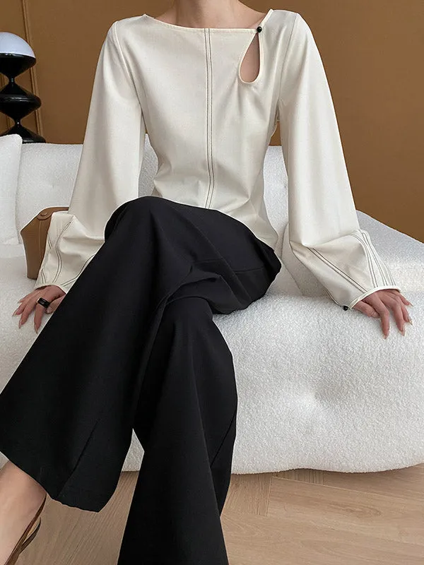 Long Sleeves Loose Asymmetric Belly-Hollow Solid Color Round-Neck Blouses&Shirts Tops