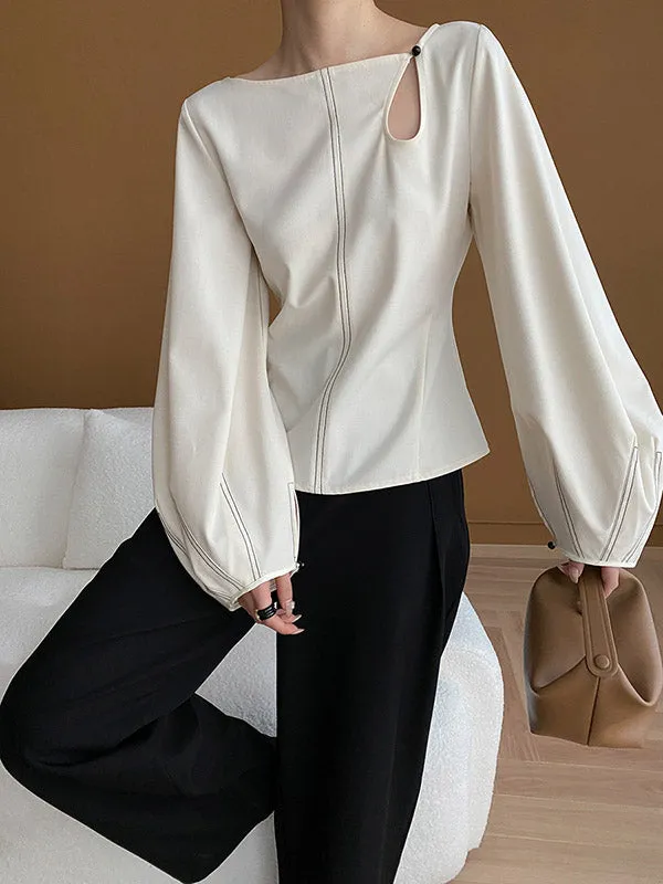 Long Sleeves Loose Asymmetric Belly-Hollow Solid Color Round-Neck Blouses&Shirts Tops