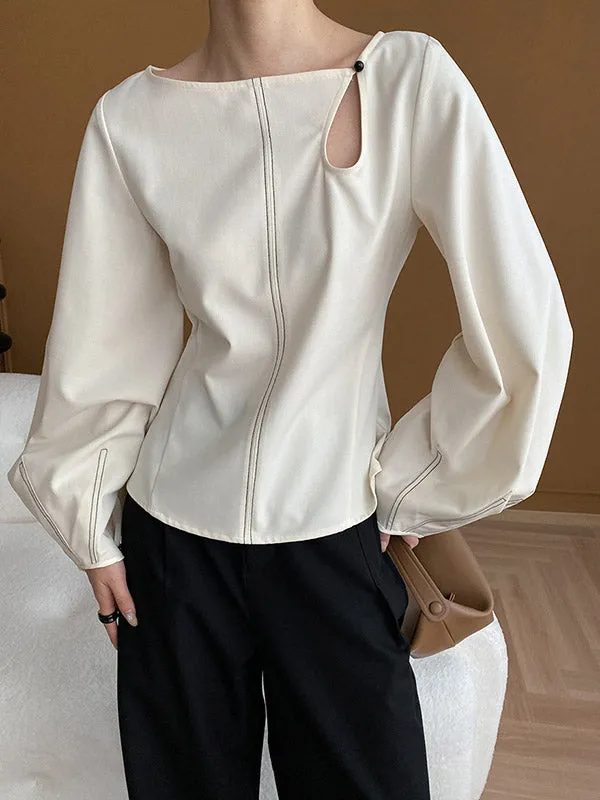 Long Sleeves Loose Asymmetric Belly-Hollow Solid Color Round-Neck Blouses&Shirts Tops