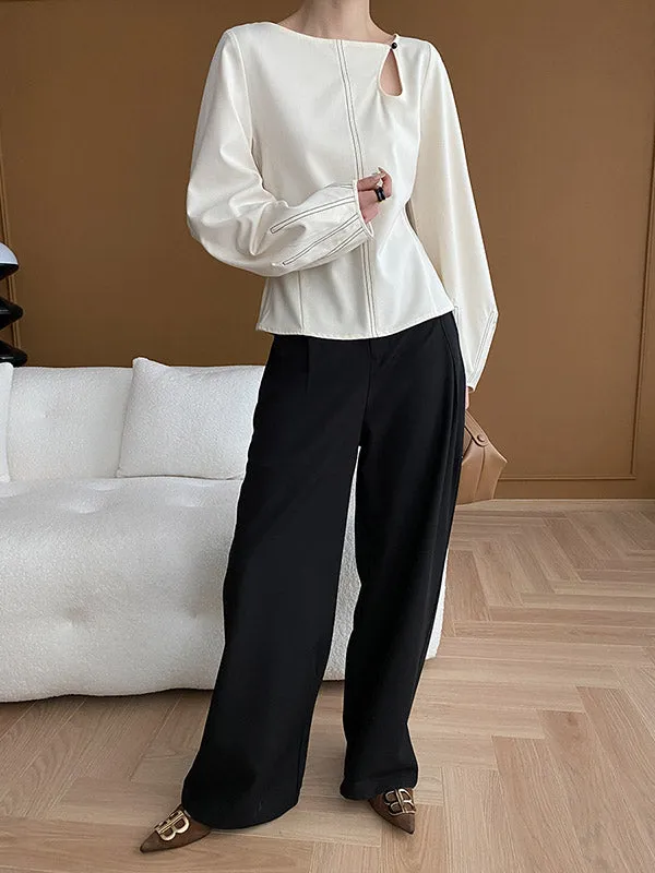 Long Sleeves Loose Asymmetric Belly-Hollow Solid Color Round-Neck Blouses&Shirts Tops