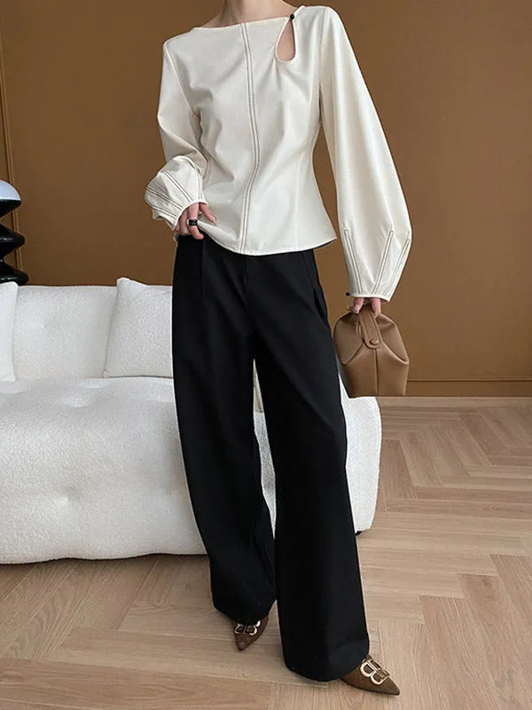 Long Sleeves Loose Asymmetric Belly-Hollow Solid Color Round-Neck Blouses&Shirts Tops