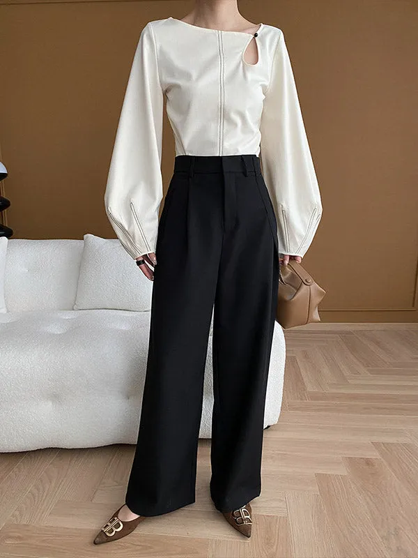 Long Sleeves Loose Asymmetric Belly-Hollow Solid Color Round-Neck Blouses&Shirts Tops