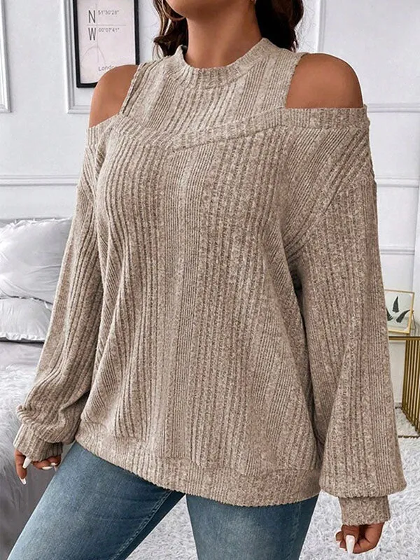 Long Sleeves Loose Hollow Solid Color Split-Joint Cold Shoulder T-Shirts Tops