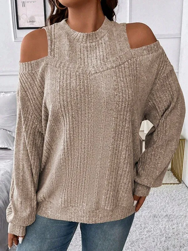 Long Sleeves Loose Hollow Solid Color Split-Joint Cold Shoulder T-Shirts Tops