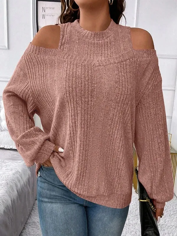 Long Sleeves Loose Hollow Solid Color Split-Joint Cold Shoulder T-Shirts Tops