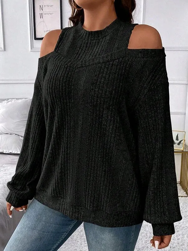 Long Sleeves Loose Hollow Solid Color Split-Joint Cold Shoulder T-Shirts Tops