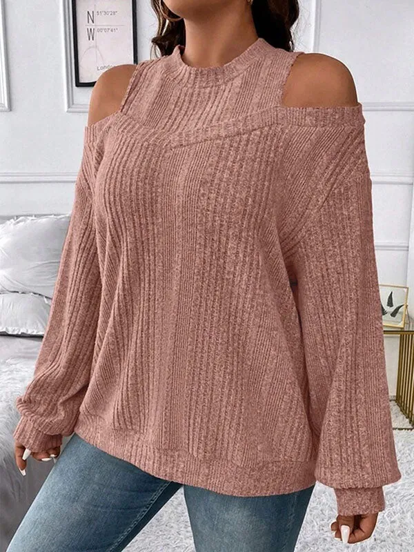 Long Sleeves Loose Hollow Solid Color Split-Joint Cold Shoulder T-Shirts Tops