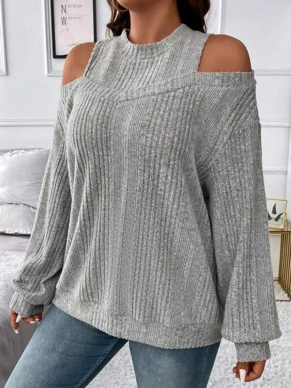 Long Sleeves Loose Hollow Solid Color Split-Joint Cold Shoulder T-Shirts Tops