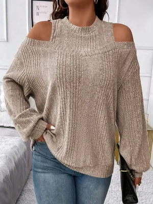 Long Sleeves Loose Hollow Solid Color Split-Joint Cold Shoulder T-Shirts Tops