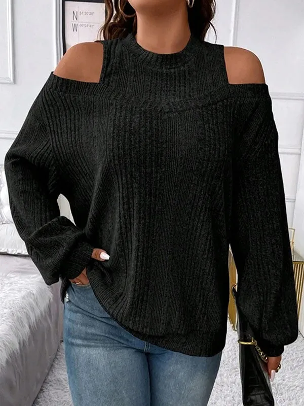 Long Sleeves Loose Hollow Solid Color Split-Joint Cold Shoulder T-Shirts Tops