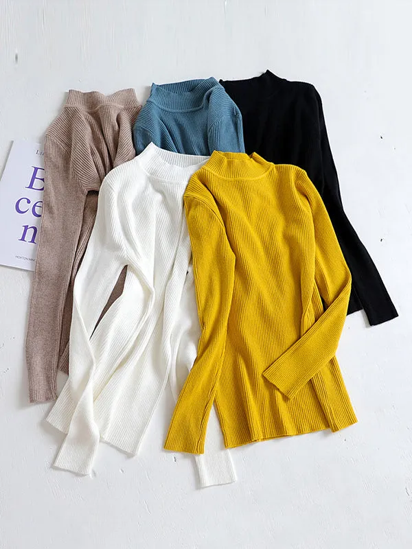 Long Sleeves Skinny Solid Color Split-Joint High Neck Sweater Tops