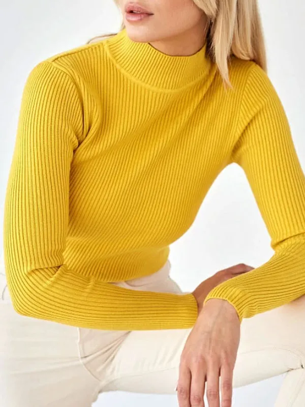 Long Sleeves Skinny Solid Color Split-Joint High Neck Sweater Tops