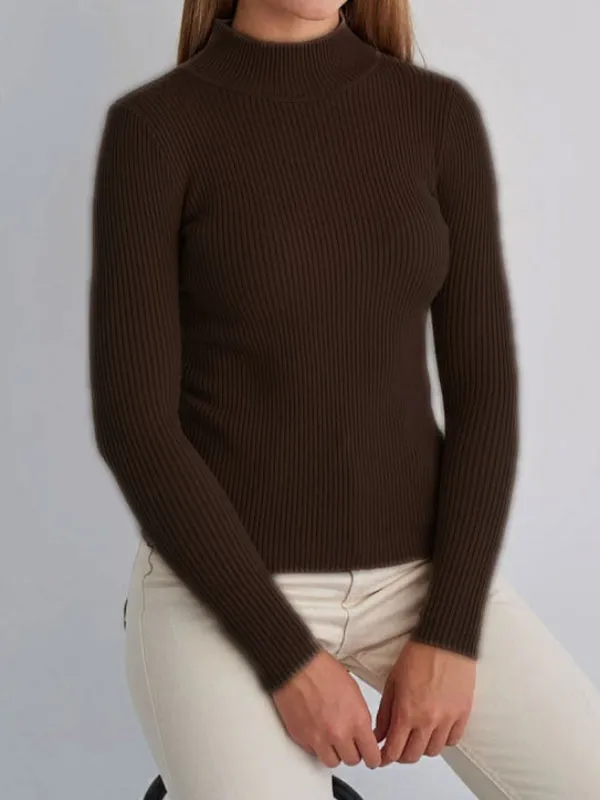 Long Sleeves Skinny Solid Color Split-Joint High Neck Sweater Tops