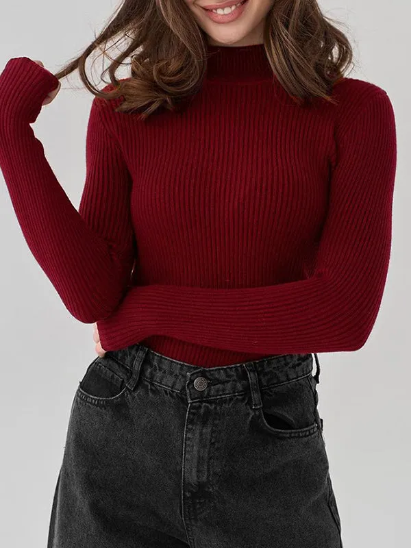 Long Sleeves Skinny Solid Color Split-Joint High Neck Sweater Tops