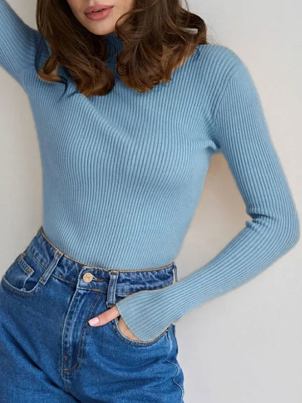 Long Sleeves Skinny Solid Color Split-Joint High Neck Sweater Tops