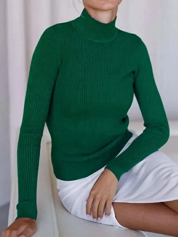 Long Sleeves Skinny Solid Color Split-Joint High Neck Sweater Tops