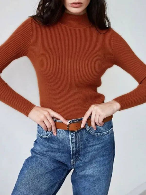 Long Sleeves Skinny Solid Color Split-Joint High Neck Sweater Tops