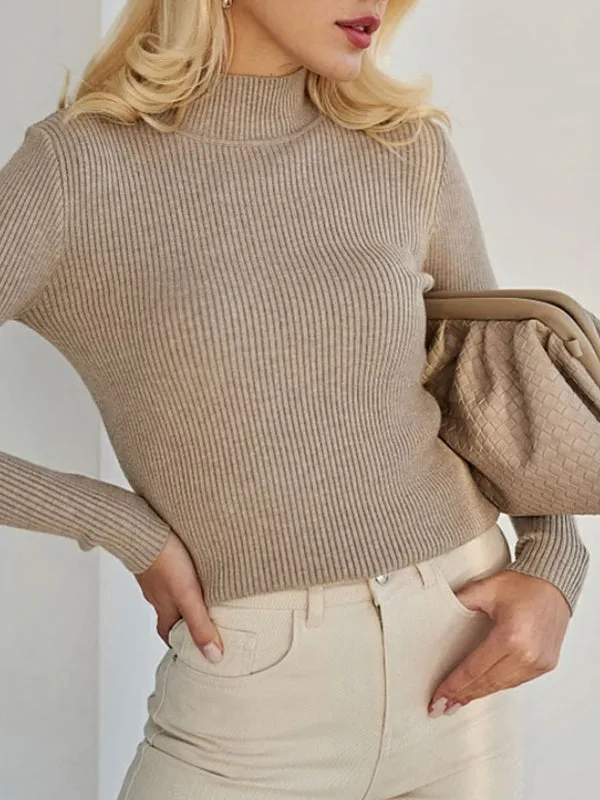 Long Sleeves Skinny Solid Color Split-Joint High Neck Sweater Tops