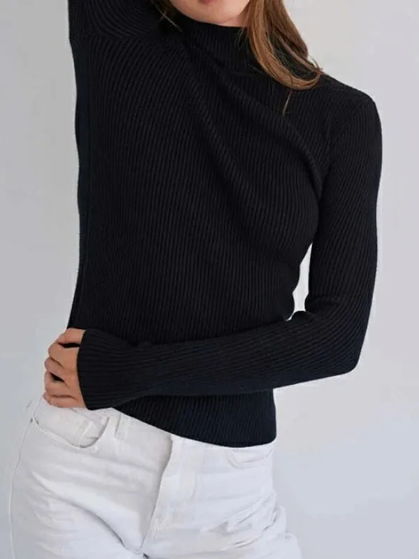 Long Sleeves Skinny Solid Color Split-Joint High Neck Sweater Tops