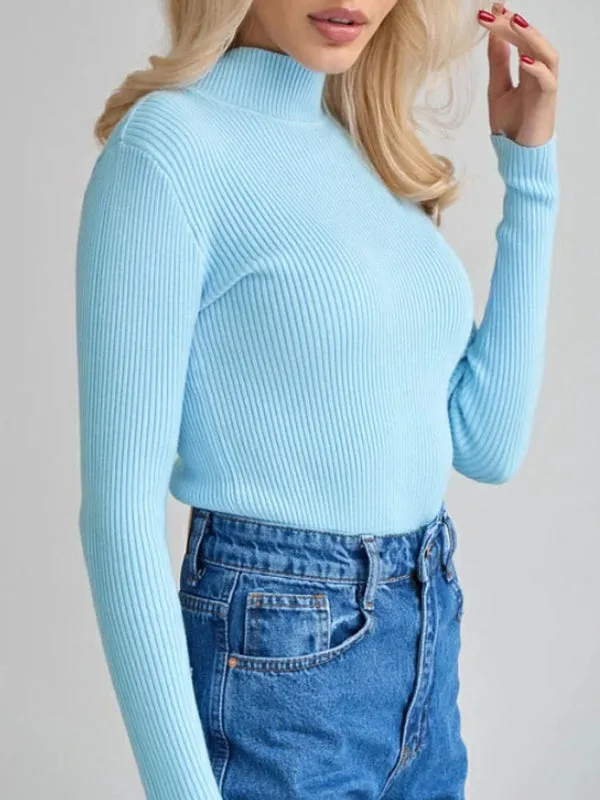 Long Sleeves Skinny Solid Color Split-Joint High Neck Sweater Tops