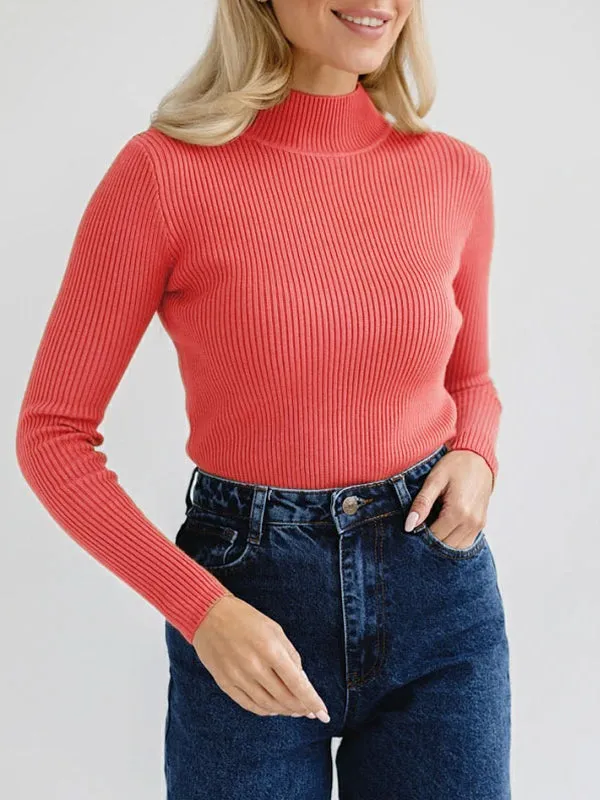 Long Sleeves Skinny Solid Color Split-Joint High Neck Sweater Tops