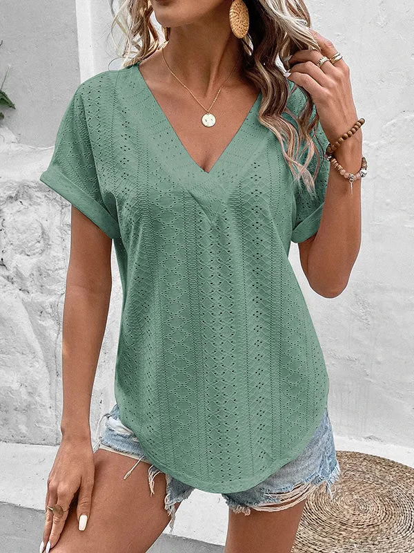 Loose Short Sleeves Hollow Solid Color Split-Joint V-Neck T-Shirts