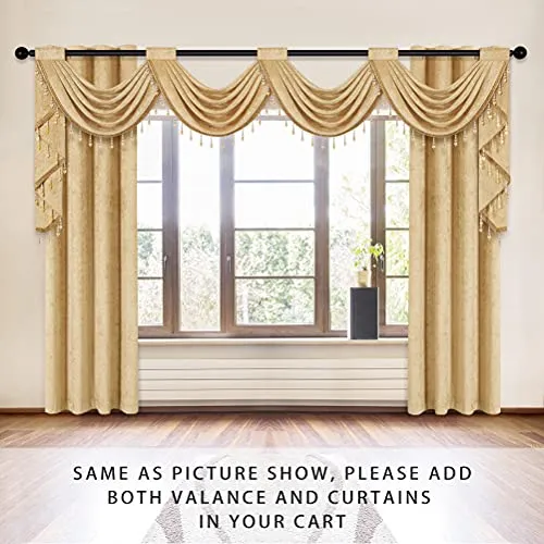 Luxury Gold Chenille Waterfall Valance for Living Room,4 Hollow Swags Curtain Valance for Bedroom, Rod Pocket, 1 Panel