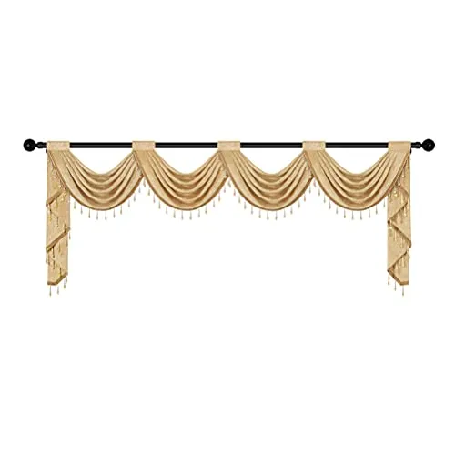 Luxury Gold Chenille Waterfall Valance for Living Room,4 Hollow Swags Curtain Valance for Bedroom, Rod Pocket, 1 Panel