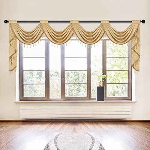 Luxury Gold Chenille Waterfall Valance for Living Room,4 Hollow Swags Curtain Valance for Bedroom, Rod Pocket, 1 Panel