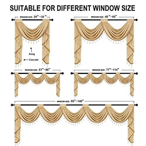 Luxury Gold Chenille Waterfall Valance for Living Room,4 Hollow Swags Curtain Valance for Bedroom, Rod Pocket, 1 Panel