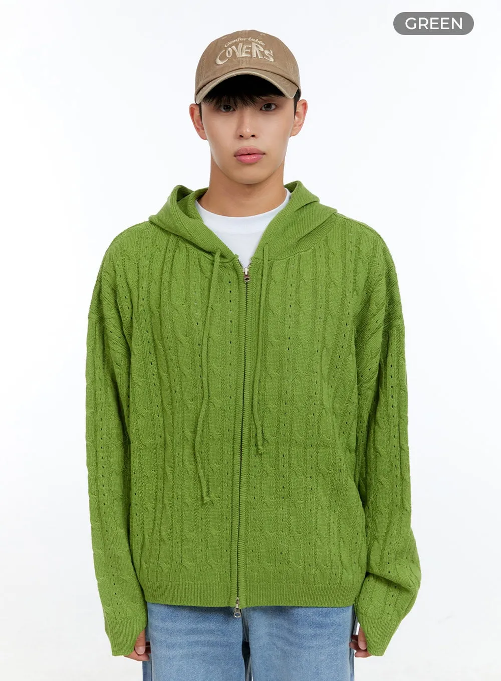 Men's Cable Knit Hooded Zip-Up Sweater IG416