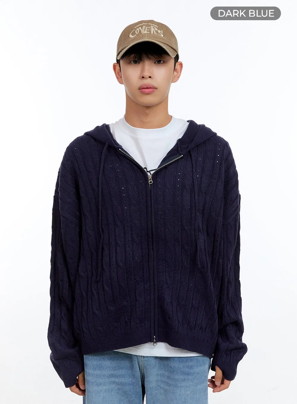 Men's Cable Knit Hooded Zip-Up Sweater IG416