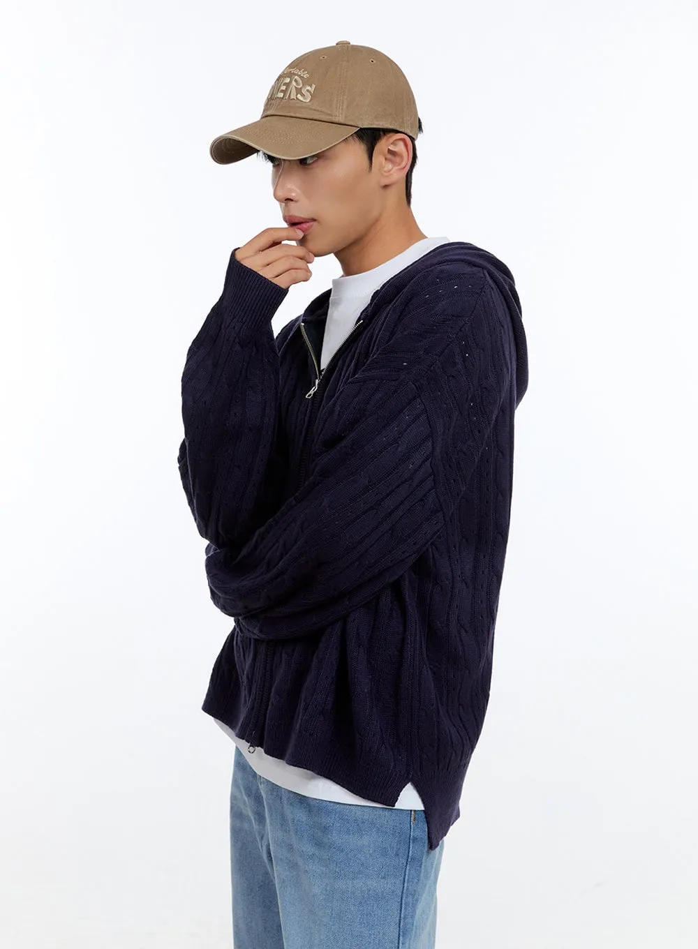 Men's Cable Knit Hooded Zip-Up Sweater IG416