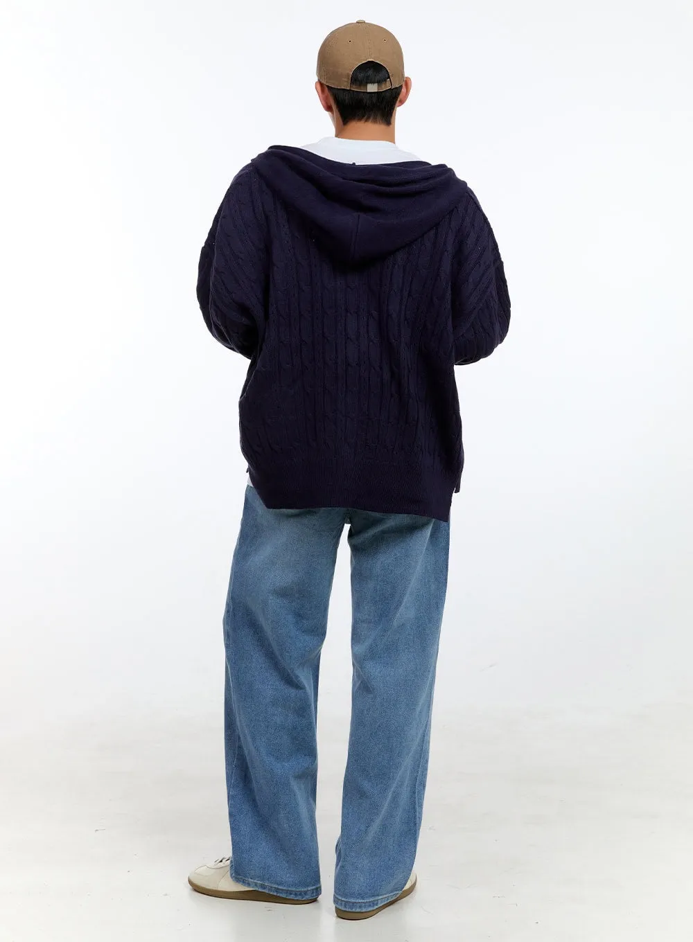 Men's Cable Knit Hooded Zip-Up Sweater IG416