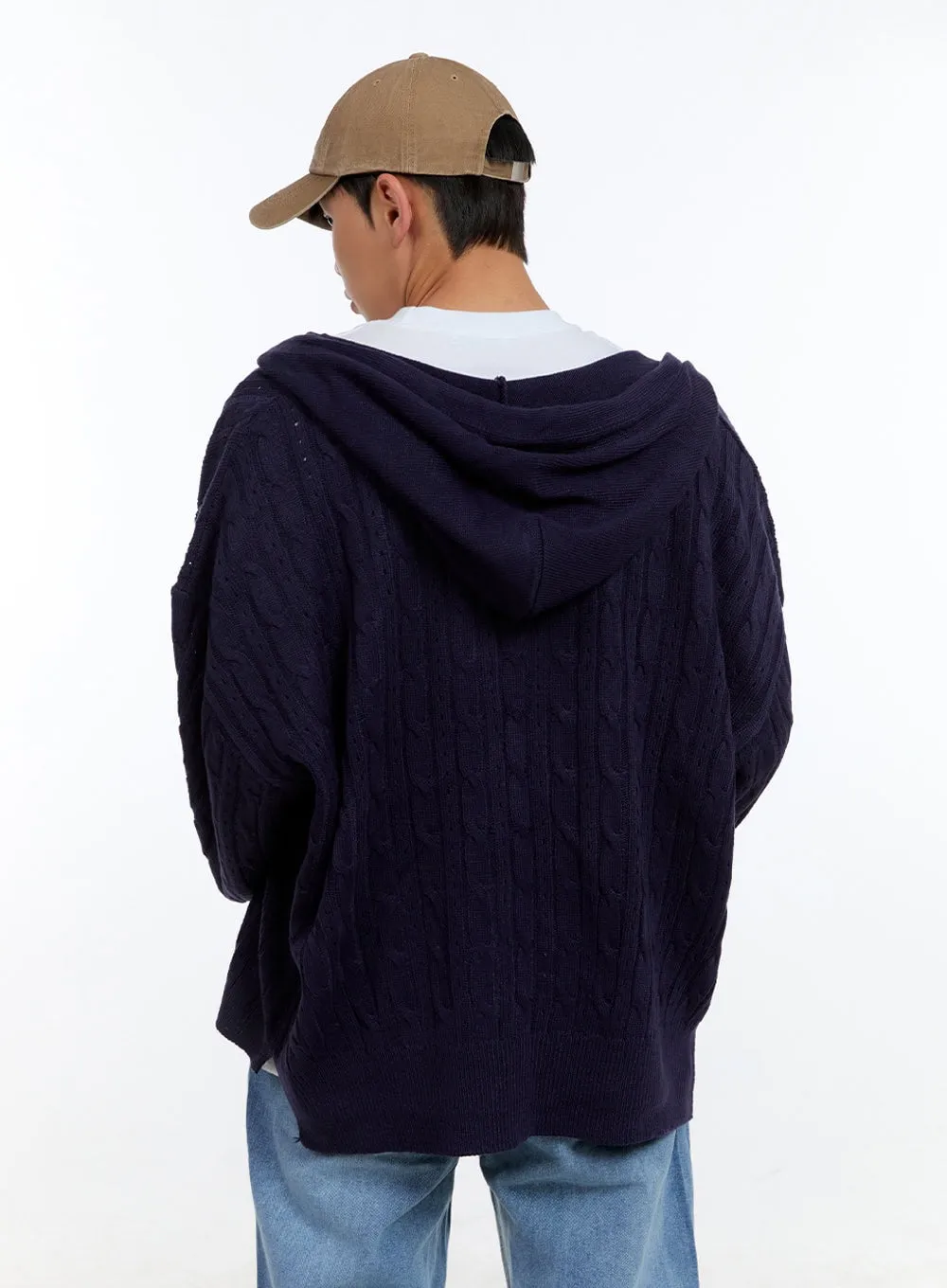 Men's Cable Knit Hooded Zip-Up Sweater IG416