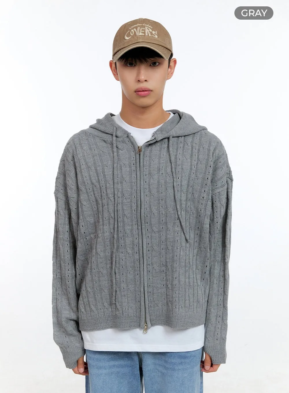 Men's Cable Knit Hooded Zip-Up Sweater IG416