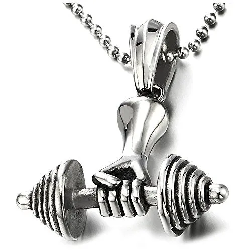 Mens Steel Hand Weight Lifting Barbell Dumbbell Pendant Necklace with 30 inches Ball Chain