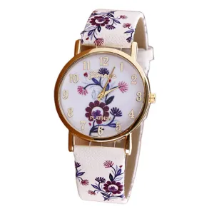 New Flower Patterns Leather Lady Dress Analog Quartz Vogue Wrist Watches